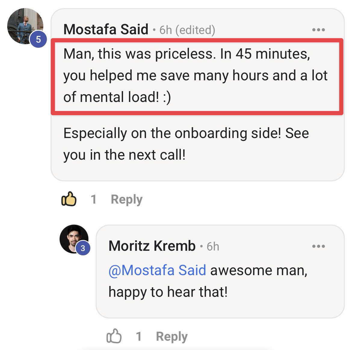 Testimonial from Mostafa Said — saved many hours and a lot of mental load in 45 minutes